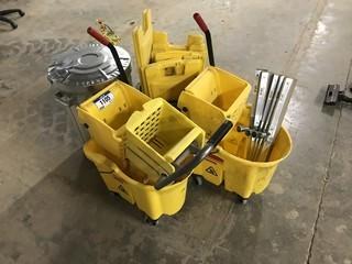 Lot of Assorted Cleaning Supplies Including (2) Mop Buckets, Asst. Wet Floor Signs, Squeedgee Heads, Tash Can, etc.