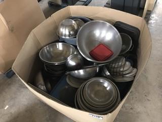 Pallet of Asst. Commercial Kitchen Supplies including Asst. Collanders, Fry Pans, Ladels, Serving Spoons, Bread Knives, Measuring Cups, Inserts, Whisks, Funnels, Icing Tips, Mixing Bowls etc.