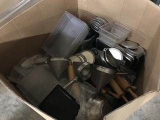 Pallet of Asst. Commercial Kitchen Supplies including Asst. Plastic Inserts, Rolling Pins, Mixing Bowls, Baking Pans, Pots, etc.
