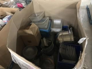Pallet of Asst. Commercial Kitchen Supplies including Asst. Plastic Inserts, Insert Lids, Whisk, Trays, Graters, etc.