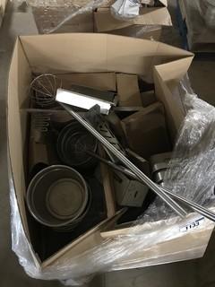 Pallet of Asst. Commercial Kitchen Supplies including Asst. Whisks, Potatoe Masher, Pans, Can Openers, S/S Knife Holders, etc