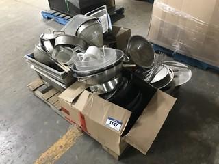 Pallet of Asst. Commercial Kitchen Supplies including Asst. Strainers, Bowls, Collanders, S/S Inserts, Kettle, Lids, Skimmers, etc.