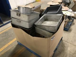 Pallet of Asst. Kitchen Supplies, including S/S Inserts, Roasting Pans, Trays, Karaf, Skimmers, etc.