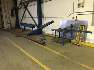 Lot of Infeed/ Outfeed Roller Conveyer, Metal Jig Table, Approx 20' Pipe etc.