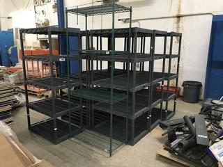 Lot of (7) 5-Tier Plastic Shelving, and (1) Wire Metro Racking