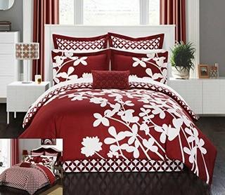 Chic Home 7 Piece Iris Reversible Large Scale Floral Design Printed with Diamond Pattern Reverse Comforter Set - Queen / Red