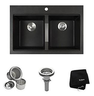 Kraus 33" Dual Mount 50/50 Double Bowl Black Onyx Granite Kitchen Sink (KGD-433B)
