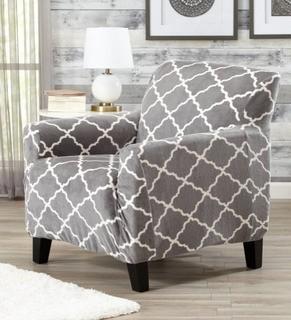 Mangolia Collection Velvet Plush Slip Cover (GB 38066) - Armchair / Grey, White Pattern