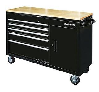 Husky 52 inch 5-Drawer w/Wood Top Lid Mobile Work Bench, Black