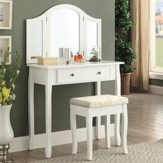 Roundhill Furniture Sunny White Wooden Vanity, Make Up Table and Stool Set - 3412WH