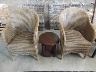 Lot of (2) Wicker Sitting Chairs & End Table