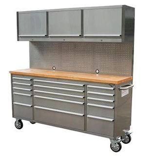 New 72" 15 Drawer Stainless Steel Tool Chest c/w Upper Cabinet and Peg Board