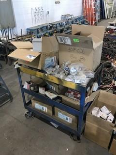 Lot of Steel Shop Cart w/ Asst. Electrical Supplies Including Cord Ends, Wiring Hanresses, Breakers, etc.