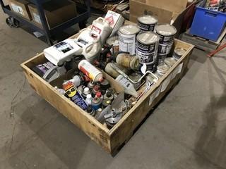 Crate of Asst. Paint, WD-40, Coolant, Spray Guns, etc.