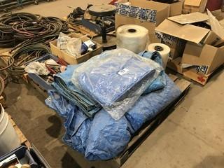 Pallet of Asst. Tarps, Shop Stools, Files, Chalk Line, etc.