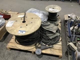 Pallet of Asst. Electrical Wire Spools, Welding Line, Miller Spoolmatic 30A Gun, etc.