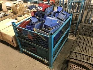 Lot of Steel Crate w/ Asst. Parts Bins and Wooden Crate w/ Asst. Parts Bins