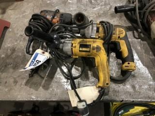 Lot of (2) Dewalt Electric Drills and (1) Ridgid Electric Drills