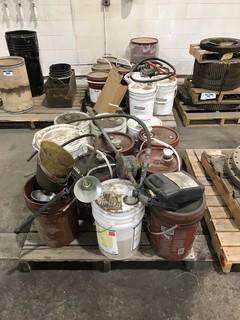 Lot of (2) Pallets of Asst. Pails of Oil, Pail Pumps, Keg of Grease, etc.