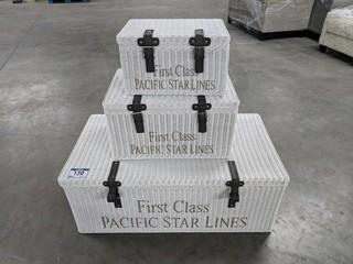 Set of (3) "First Class Pacific Star Lines" Wicker Chests (White)