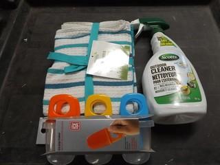 Lot of Miscellaneous Household Items c/o Ice Pop Maker, Tea Towels, Scotts Outdoor Cleaner, Etc.