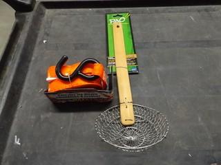 Lot of Miscellaneous Household Items c/o 13"x9" Covered Cake Pan, Bamboo Collander, Ratchet Tie Down, Etc.