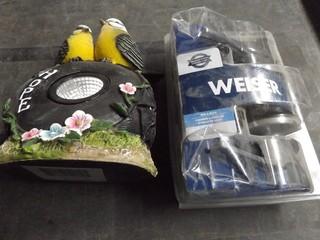 Lot of Miscellaneous Household Items c/o New Muck Boots Size 7 , Bird Decor Solar Light, Weiser Door Handle, Etc.