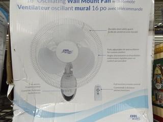 Cools Words 16" Oscillating Wall Mount Fan c/w Remote.