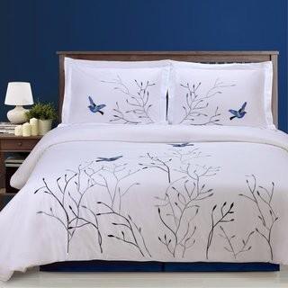 Simple Luxury Swallow 100% Cotton 3 Piece Duvet Set (HCY2695_12153432_16696970) - White - Queen