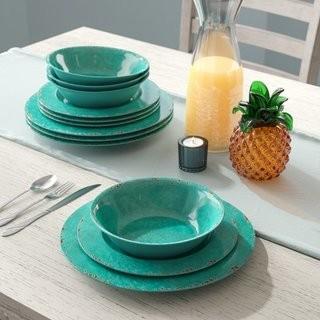 Beachcrest Home Candice Crackle Melamine 12 Piece Dinnerware Set, Service for 4 (BCMH2717_24100867)- Green