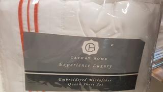 Cathay Home - Embroidered Microfiber - Queen Sheet Set - White/Coral Stripe - 109097
