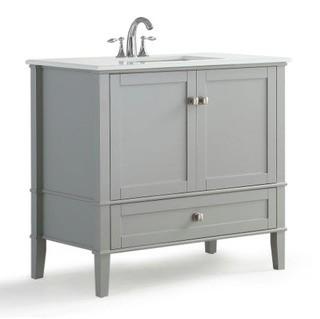 SimpliHome - HHV029GR-36L - Chelsea 36 in. W x 21.5 in. D x 34.7 in. H Bath Vanity in Grey with Quartz Marble Vanity Top in White with White Basin