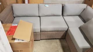 L-Shape Rattan Sectional Patio Set - w/2 End Tables & Coffee Table - Grey Cushions