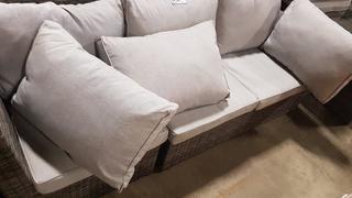 Grey Rattan Patio Set - w/Grey Cushions - w/Dining Table & 3 Ottoman Seats