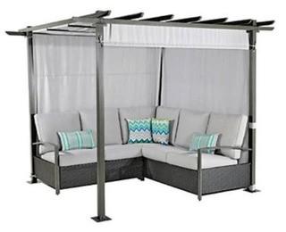 Hampton Bay Sectional Seating Set w Pergola Breeze Cove (1001 074 538) - Sage Grey Finish w Cool Cement Cushions