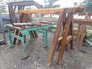 Lot of 2 Metal Sawhorses and Idle Roll Conveyor. 