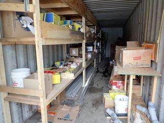 Contents of Sea Container Lot 48 Including Asst. Plumbing Supplies, PVC Pipe, Fittings, Metal Flashing, Hangers, etc. **NOTE: CONTENTS MUST BE REMOVED BY 3PM NOV. 5/18**