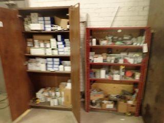 Lot of Enclosed Storage Cabinet and Shelving Unit w/Asst. Electrical Supplies Including , Receptacles, Connectors, etc.