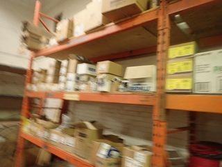 Contents of Shelving w/ Asst. Electrical Including 3 Square D DT323 Double Throw Enclosed Switch Boxes, Couplers, Fire Mats, Hangers, Fluorescent Lights, Light Fixtures, etc. 