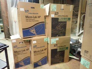 Lot of 2 Boxes JM Micro-LoK 1 1/4"x1 1/2" Fiber Glass Pipe Insulation, 3 Boxes JM Micro-Lok HP 5/8"x1" High Performance Fiber Glass Pipe Insulation and 1 Box JM Micro-Lok HP 3/4"x1 1/2" High Performance Fiber Glass Pipe Insulation.