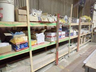 Lot of 2 Sections Wooden Shelving w/ Asst. Fasteners, Plastic Trim, Chemtron CL400 Sub-Floor & Construction Adhesive, etc.