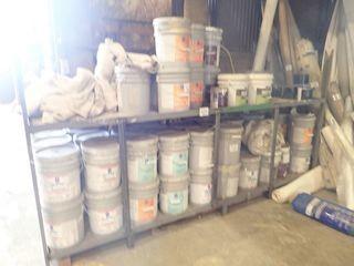 Lot of 2-tiered Metal Shelving Unit w/ Asst. 5 Gallon Pails Paint, FRP Adhesive, etc. 