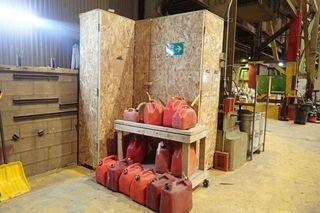 Lot of L-Shaped Wooden Storage Cabinet, Mobile Wooden Cart and 13 Gerry Cans. 