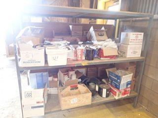 Lot of 2-tiered Shelving Unit, Asst. Fasteners, SCS1200 Silicone Caulking, AquaBarrier Tapes, StraightFlash, etc. 