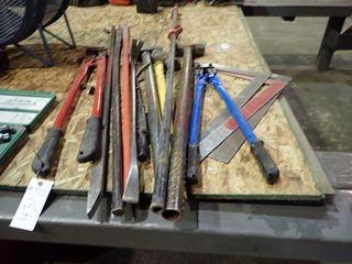 Lot of 2 Bolt Cutters, 4 Pry Bars, Nail Puller, 3 Sledge Hammers, Pipe Clamp and 4 Squares. 