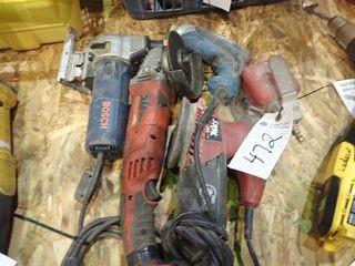 Lot of Milwaukee 5" Angle Grinder, Bosch Jigsaw, Makita TD0100 Screw Gun, Skil Palm Sander and Pneumatic Palm Sander.