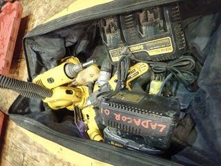 Lot of DeWalt Cordless Drywall Fastener, Cordless 3/8" Drill, Electric Drywall Fastener, Trim Router, Palm Sander, Flashlight, Charger and 2 Batteries. 