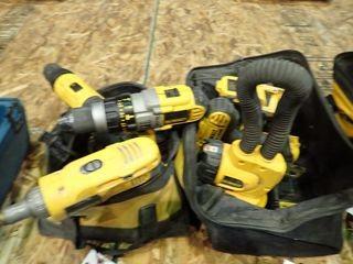 Lot of 4 DeWalt Cordless 3/8" Drills, 2 DeWalt Cordless Drywall Fasteners, Cordless Flashlight, 2 Chargers and 4 Batteries. 