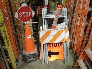 Lot of 7 Safety Pylons, 4 Detour Signs, 6 Sidewalk Closed Signs, and 12 Folding Signs. 