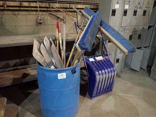 Lot of Brooms, Shovels, Rakes, Squeegee and Snow Shovel. 
